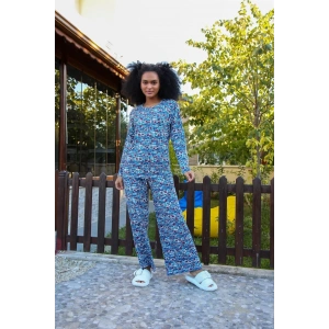 Moda Kadın Penye Bol Paça Pijama Takım Mavi
