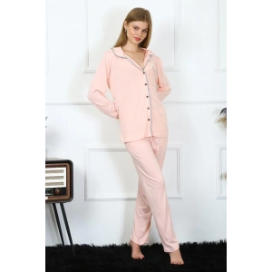 Moda Kadın Penye Uzun Kol Önden Düğmeli Pijama Takım Pembe