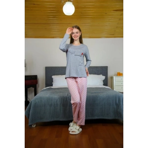 Moda Kadın Penye Uzun Kol Pijama Takım Gri
