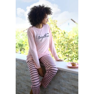 Moda Kadın Penye Uzun Kol Pijama Takım Pembe