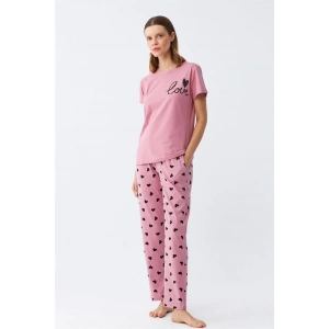 Moda Kadın Somon Kalp Desenli Kısa Kollu Penye Pijama Takımı