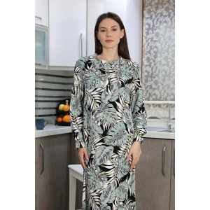 Moda Kadın Uzun Kol Penye Gecelik Ev Elbisesi SuYeşili