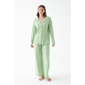 Moda Kadın Yeşil Kalp Desenli Düğmeli Pamuklu Pijama Takımı