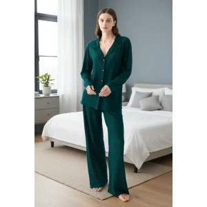 Moda Kadın Zümrüt Yeşili Önden Düğmeli Rahat Kesim Pijama Takımı