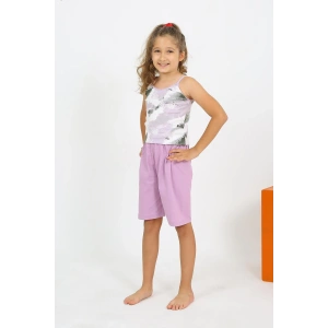 Moda Kız Çocuk İp Askılı Şortlu Penye Lila Pijama Takım