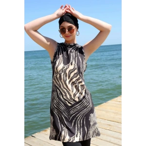Moda Sıfır Kol Leopar Yarım Tesettür Mayo Siyah