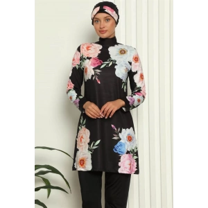 Moda Tam Tesettür Dijital Desenli Mayo Siyah