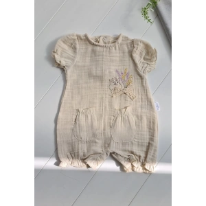 Müslin Kumaş Çiçek Nakışlı Pamuklu Kız Bebek Tulum