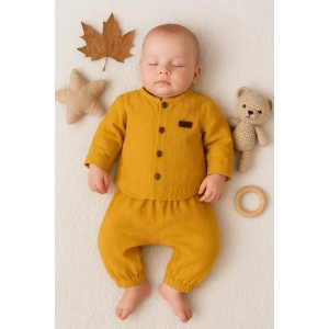 Oval Kesim 5 Düğmeli Müslin Kumaş 2li Erkek Bebek Takımı