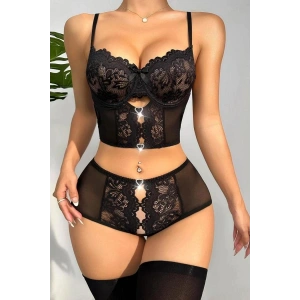 Özel Bölgesi Açık Siyah Dantelli Fantezi Büstiyer Takım