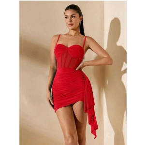 Özel Şık Tasarım Kırmızı Korse Görünümlü Mini Club Elbisesi