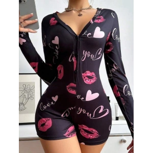 Pamuklu Kırmızı Kalp Desenli Düğmeli Uzun Kol Tulum Pijama