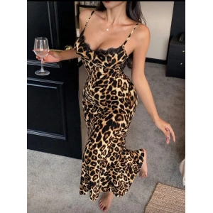Pamuklu Leopar Desenli İnce Askılı Uzun Elbise