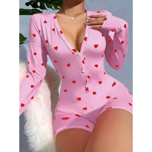 Pamuklu Pembe Kalp Desenli Düğmeli Tulum Pijama
