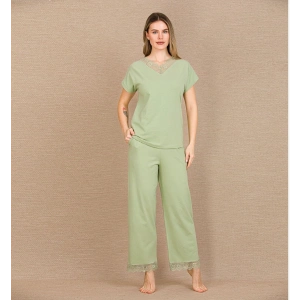 Pamuklu Şık Tasarım Dantel İşlemeli Yeşil Kısa Kol Pijama Takımı
