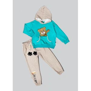 Pelüş Ayı Desenli Kapşonlu Uzun Kollu Penye Sweat 2li Erkek Çocuk Takımı Mint Yeşili