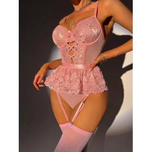 Pembe Dantel İşlemeli Kalp Desenli Fantezi Jartiyer Takımı