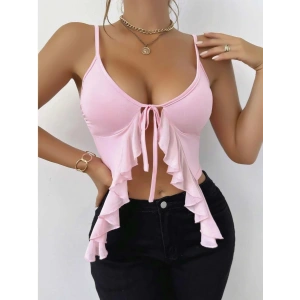 Pembe İnce Askılı Önden Bağlamalı Fırfır Detaylı Crop