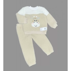 Ponponlu Zürafa Desenli Kuzu Kumaş Uzun Kollu 2li Kız Erkek Çocuk Takımı Bej