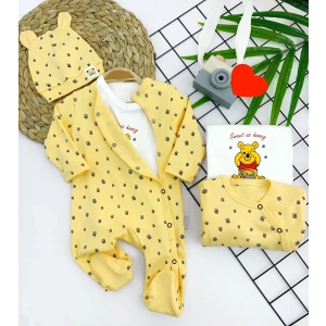Pooh Desenli Şapkalı Sweatli 3lü Kız Erkek Bebek Tulum Sarı