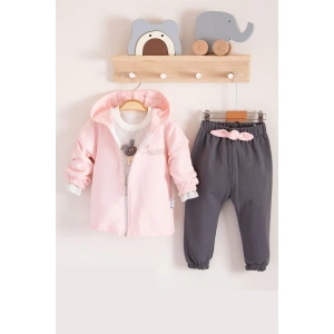 Prences Nakışlı Kapişonlu 3lü % 100 Pamuk Kız Bebek Takımı