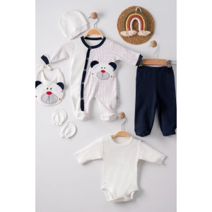 Puanlı Ayıcık Nakışlı Tulumlu % 100 Pamuk Erkek Bebek 5li Set