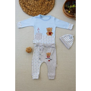 Romantik Ayıcık Nakışlı Şapkalı Uzun Kollu Sweatli 3lü Kız-erkek Bebek Takımı Mavi