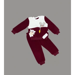 Sallanan Balık Nakışlı Kuzu Kumaş Sweat Pantolon Uzun Kollu Kız Erkek 2 Li Takımı Bordo