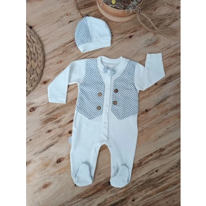 Şapkalı Yelek Detaylı Boydan Çıtçıt Erkek Bebek Tulumu Ekru