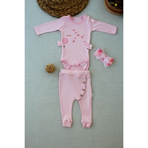 Şarkıcı Kuşlar Nakışlı Bandanalı Uzun Kollu Zıbınlı 3lü Kız Bebek Takımı Pembe