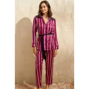 Saten Çizgili Düğmeli Uzun Kol Dantelli Gömlek Ve Pantolon Pijama Takım (9765)
