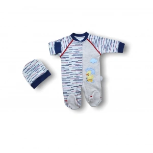 Şemsiyeli Ördek Nakışlı Şapkalı Erkek Bebek Tulumu Lacivert