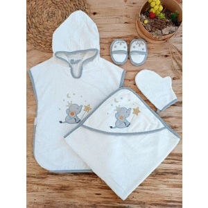 Sevimli Fil Nakışlı Pareolu 4lü Kız Erkek Bebek Havlu Silgi Takımı Ekru