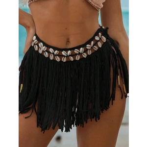 Siyah Bikini Üstü Deniz Kabuklu Püsküllü Pareo,beachwear,bikini Üstü El Emeği Plaj Eteği,bohem Etek