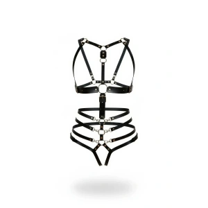 Siyah Body Harness Tam Vücut Deri Metal Halka Detaylı - Brf1064