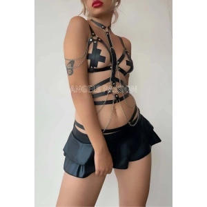 Siyah Deri Korse Harness Takım - Brf299