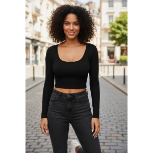 Siyah Derin U Yaka Crop Top Uzun Kollu Dar Kesim Kadın Bluz