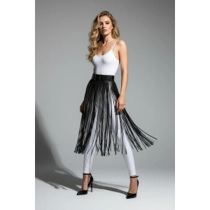 Siyah Etek Deri Uzun İnce Şerit Detaylı Etek - Brf1090