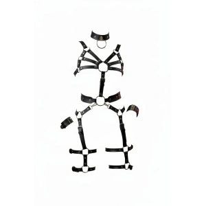 Siyah Harness Takım Deri Halka Detaylı Vücut Seti - Brf1267