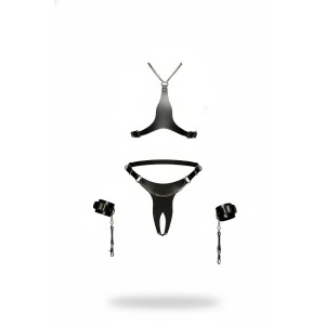 Siyah Harness Takım Deri Zincir Detaylı 4 Parçalı - Brf1232