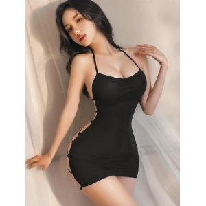 Siyah Transparan Sırt İp Detaylı Fantezi Gecelik