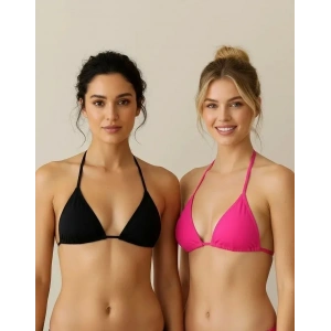 Siyah Ve Fuşya Detaylı Üçgen Bikini Üstü Bağlamalı Kadın Mayo Üstü 2li