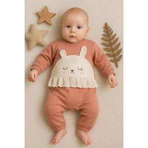 Tavşan Nakışlı Güpürlü % 100 Pamuk Kız Bebek Tulum