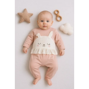 Tavşan Nakışlı Güpürlü % 100 Pamuk Kız Bebek Tulum