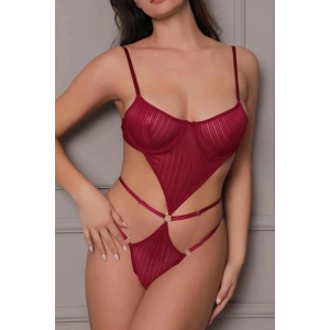 Transparan Bordo Dekolteli Balenli Fantazi İç Giyim Body