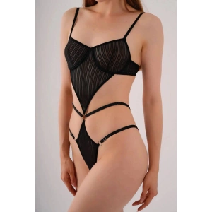 Transparan Siyah Dekolteli Balenli Fantazi İç Giyim Body