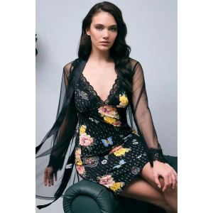 Tül Sabahlık Ve Viskon Çiçek Baskılı Dantelli Kısa Gecelik Takım