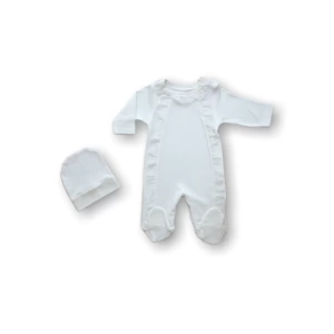 Tüllü Fırfır Detaylı Şapkalı Uzun Kollu Kız Bebek Tulumu Ekru