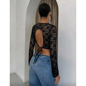 Uzun Kollu Dantel Crop Kadın Arkası Dekolteli Bağcıklı Esnek Şık Üst