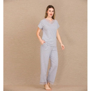 Viskon Şık Tasarım Dantel İşlemeli Gri Kısa Kol Pijama Takımı